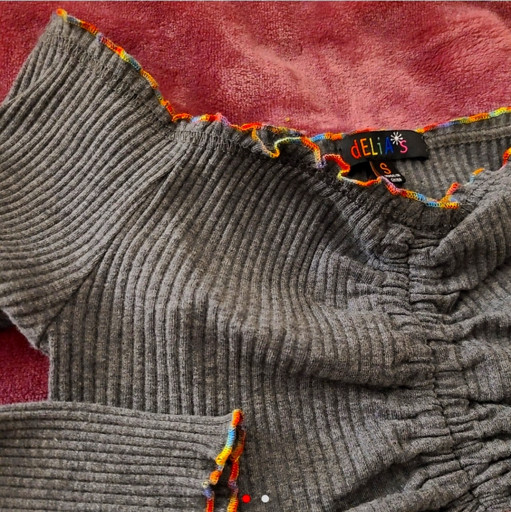 Delia's grey tie front crop top with lettuce hem